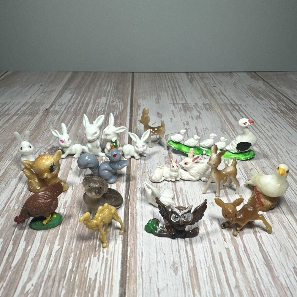 Vintage Miniature Animal Figures Lot 15 Plastic Rabbit Bird Squirrel Trinkets